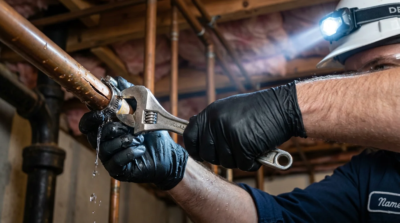 Emergency pipe clamp repair being performed by a Johns Plumbing LLC plumber in Port Richey