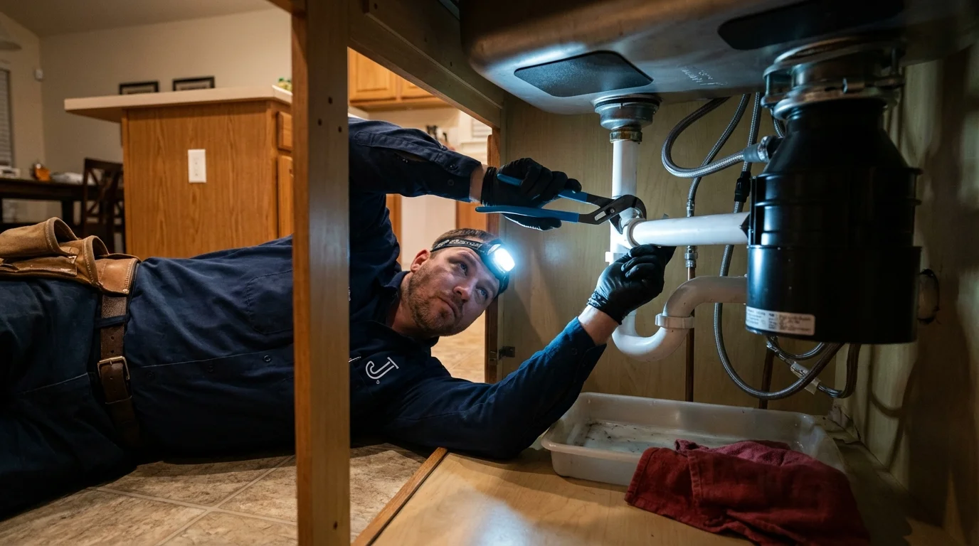 P-trap and supply line connections under a kitchen sink showing a common leak point in Port Richey, FL